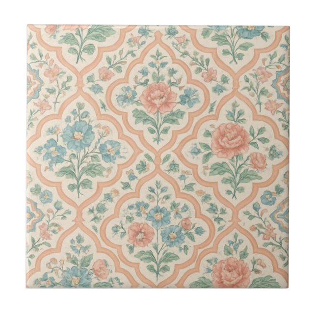 Grandmillenial Moroccan Peach Pink Blue Floral Ceramic Tile (Front)