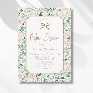 Grandmillenial Navy Blush Floral Gold Baby Shower Invitation