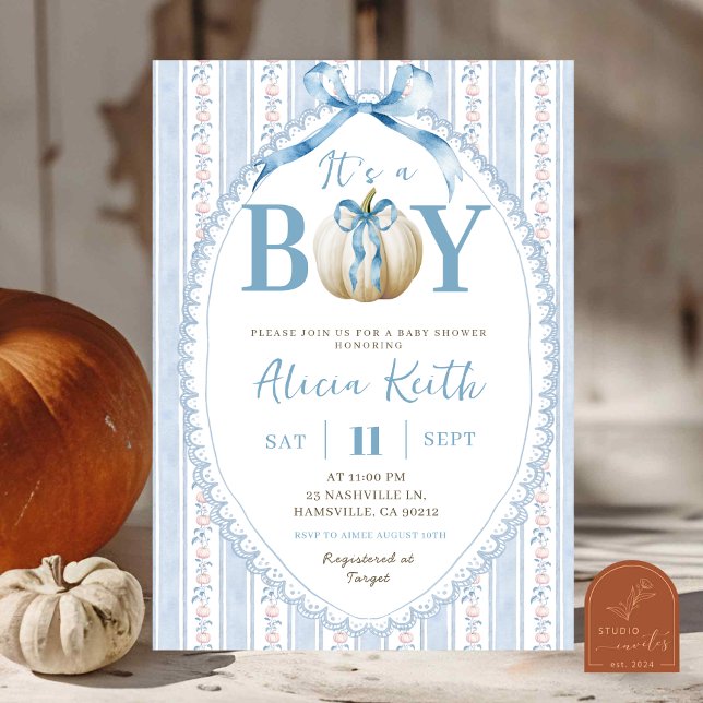 Grandmillenial Preppy Blue Pumpkin Boy Baby Shower Invitation (Creator Uploaded)