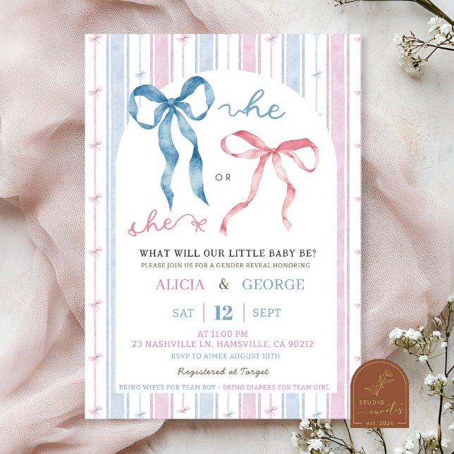 Grandmillenial Preppy Bow Gender Reveal  Invitation (Creator Uploaded)