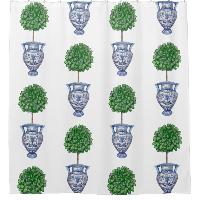Grandmillenial preppy topiary blue classic shower curtain (Front)