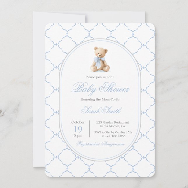 Grandmillennial Bear Baby Shower Boy Invitation (Front)