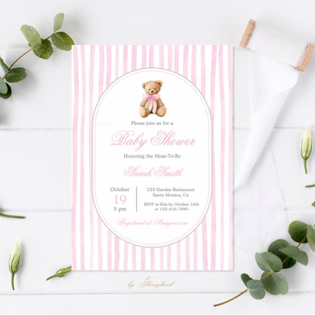 Grandmillennial Bear Baby Shower Girl Invitation (Creator Uploaded)