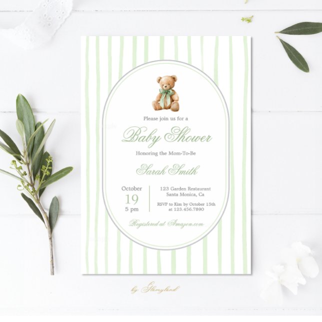 Grandmillennial Bear Gender Neutral Baby Shower Invitation (Creator Uploaded)