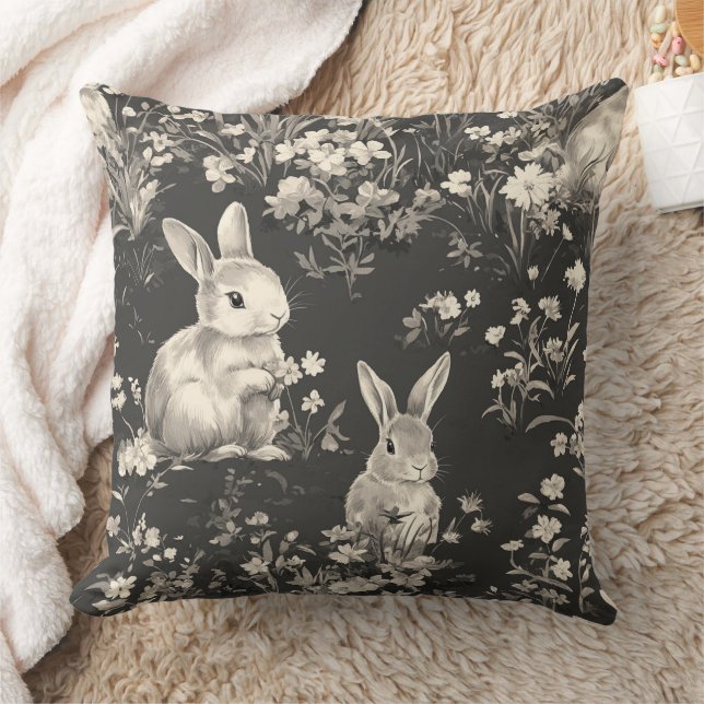 Grandmillennial Black Rabbit Toile Pattern Cushion (Blanket)