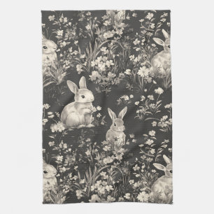 Grandmillennial Black Rabbit Toile Pattern Tea Towel