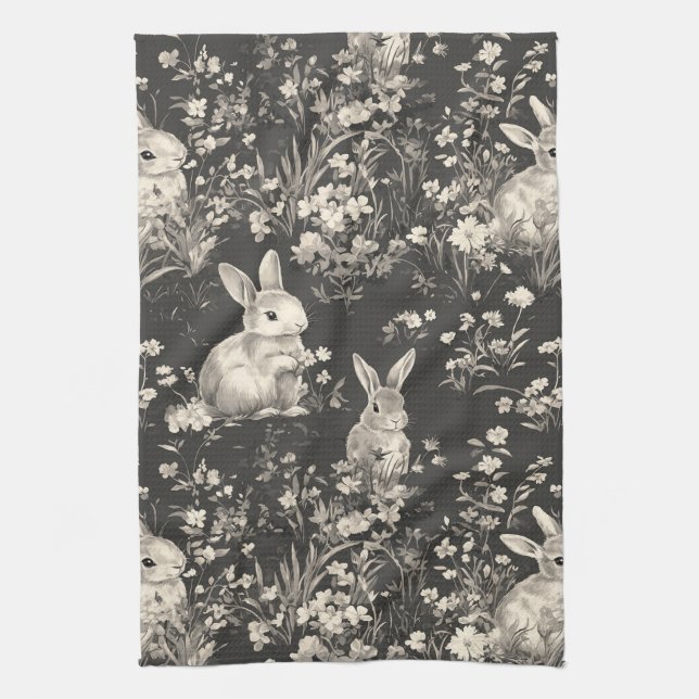 Grandmillennial Black Rabbit Toile Pattern Tea Towel (Vertical)