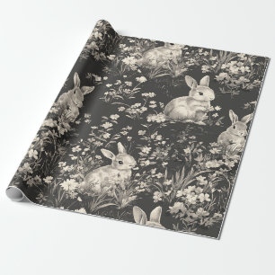 Grandmillennial Black Rabbit Toile Pattern Wrapping Paper