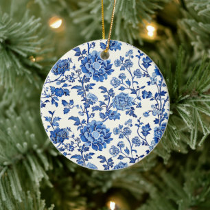 Grandmillennial Blue and White Floral Chinoiserie Ceramic Ornament