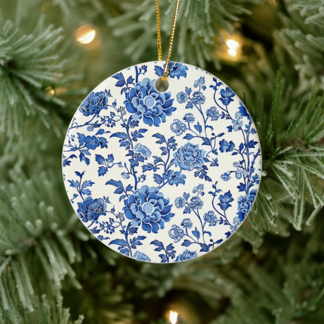 Grandmillennial Blue and White Floral Chinoiserie Ceramic Ornament (Tree)