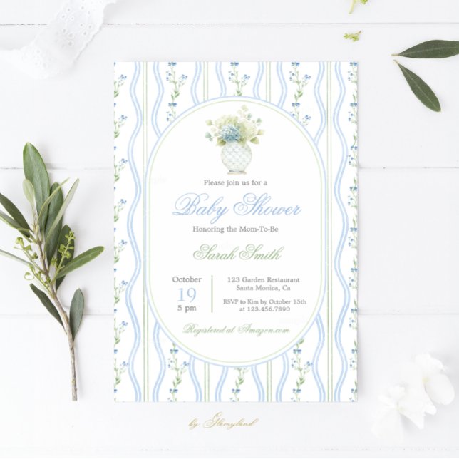 Grandmillennial Blue Ginger Jar Baby Shower Invitation (Creator Uploaded)