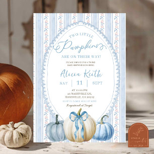 Grandmillennial Blue Pumpkin Boy Twins Baby Shower Invitation