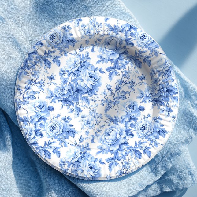 Grandmillennial Blue Toile Roses Floral Paper Plat Plate (Grandmillennial Blue Toile Roses Floral Paper Plates)