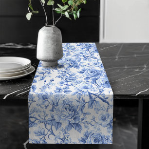 Grandmillennial Blue Toile Roses Floral Table Runn Long Table Runner