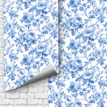 Grandmillennial Blue Toile Roses Floral Wallpaper 