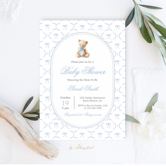Grandmillennial Bow Baby Shower Boy Invitation (Creator Uploaded)