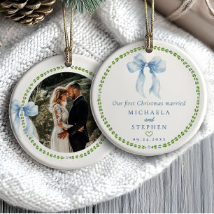 Grandmillennial Bows First Christmas Married Photo Ceramic Ornament