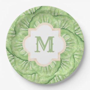 Grandmillennial Cabbage Leaf Monogram Paper  Plate