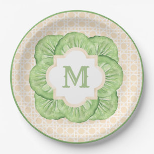 Grandmillennial Cabbage Leaf Monogram   Rattan Paper Plate