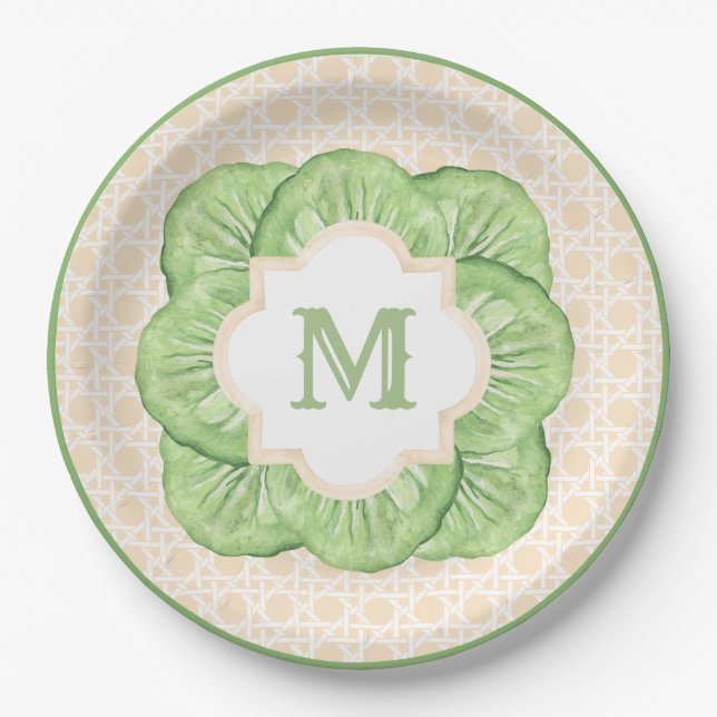 Grandmillennial Cabbage Leaf Monogram | Rattan Paper Plate (Front)