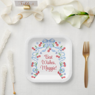 Grandmillennial Cherry Bows Watercolor Paper Plate