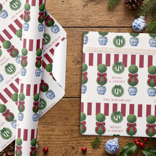 Grandmillennial Chinoiserie Topiary Red Bow Stripe Wrapping Paper