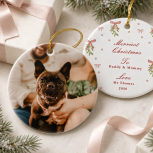 Grandmillennial Christmas Bow Mistletoe Pet Photo Ceramic Ornament
