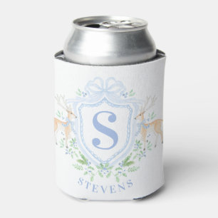 Grandmillennial Christmas Deer Crest Monogram Can Cooler