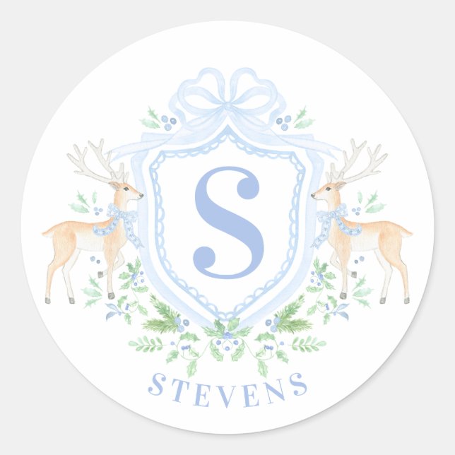Grandmillennial Christmas Deer Crest Monogram  Classic Round Sticker (Front)