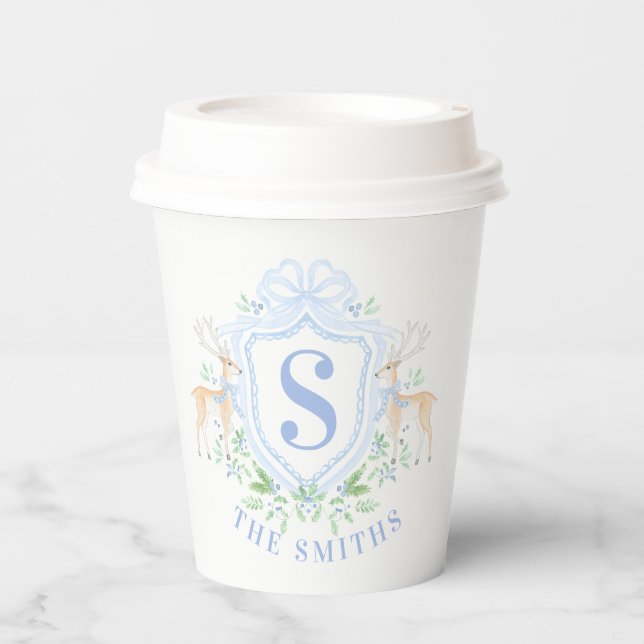 Grandmillennial Christmas Deer Crest Monogram  Paper Cups (Front)