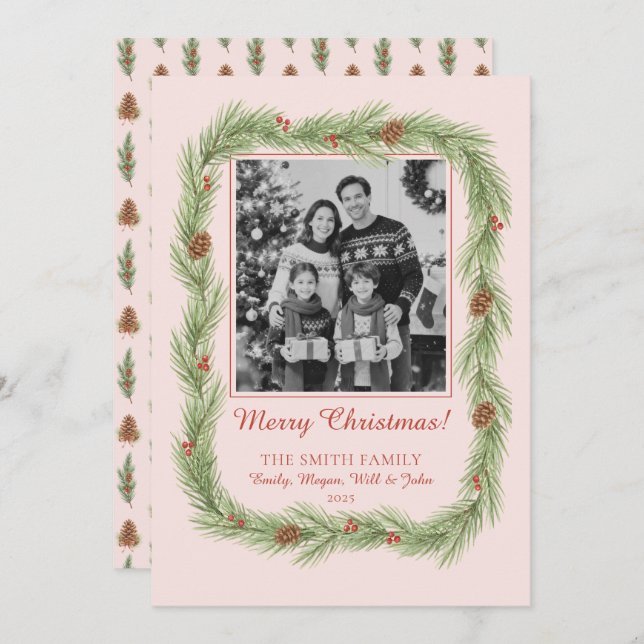 Grandmillennial Christmas Garland & Pinecone Photo Holiday Card (Front/Back)