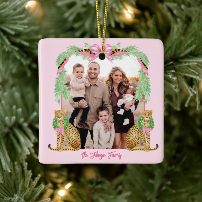 Grandmillennial Christmas Leopard Photo Ceramic Ornament (Tree)