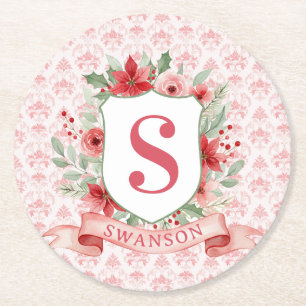 Grandmillennial Christmas Monogram Crest Round Paper Coaster