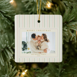 Grandmillennial Christmas Stripes Photo Ceramic Ornament
