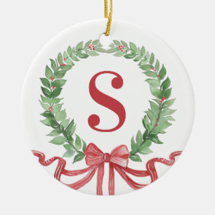 Grandmillennial Christmas Wreath Monogram  Ceramic Ornament