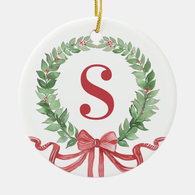Grandmillennial Christmas Wreath Monogram  Ceramic Ornament (Front)