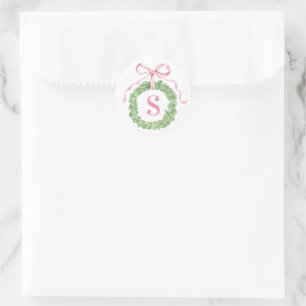 Grandmillennial Christmas Wreath Monogram Classic Round Sticker