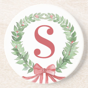 Grandmillennial Christmas Wreath Monogram  Coaster