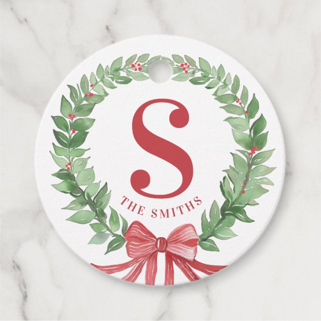 Grandmillennial Christmas Wreath Monogram  Favour Tags (Front)