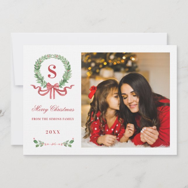 Grandmillennial Christmas Wreath Monogram Photo Invitation (Front)