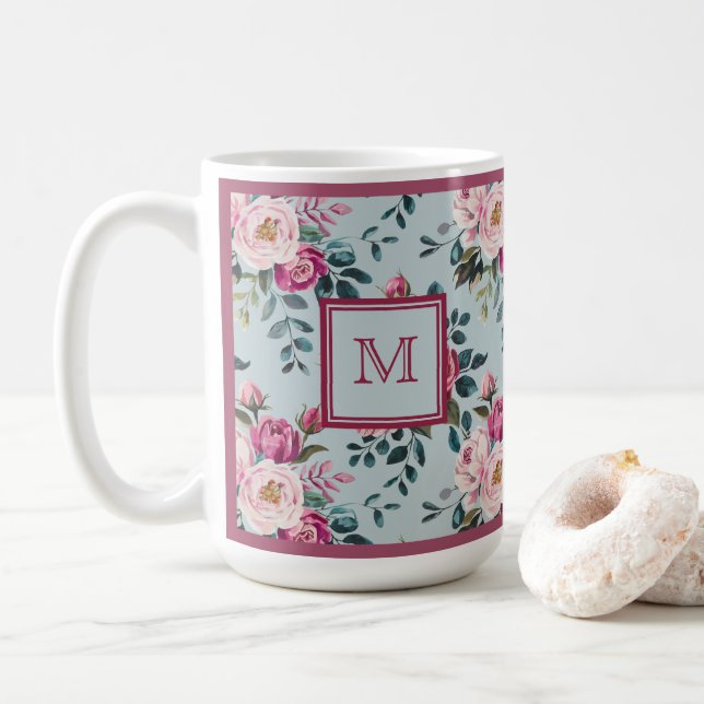 Grandmillennial Dusty Rose Floral Custom Monogram Coffee Mug (With Donut)