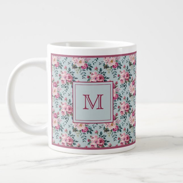 Grandmillennial Dusty Rose Floral Custom Monogram Large Coffee Mug (Left)