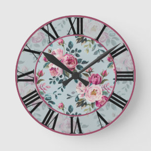 Grandmillennial Dusty Rose Floral Custom Monogram Round Clock