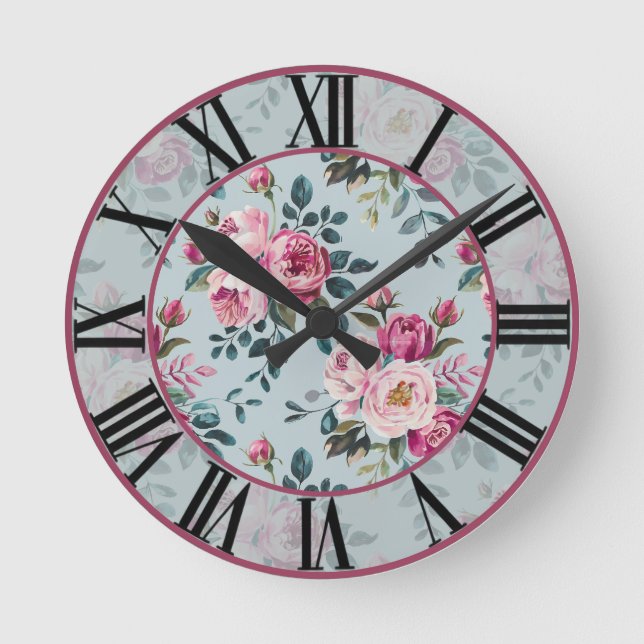 Grandmillennial Dusty Rose Floral Custom Monogram Round Clock (Front)