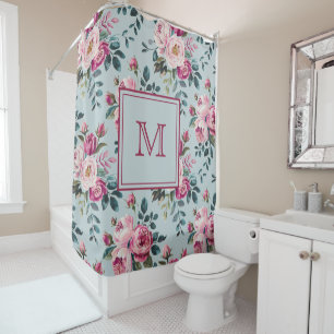 Grandmillennial Dusty Rose Floral Custom Monogram Shower Curtain