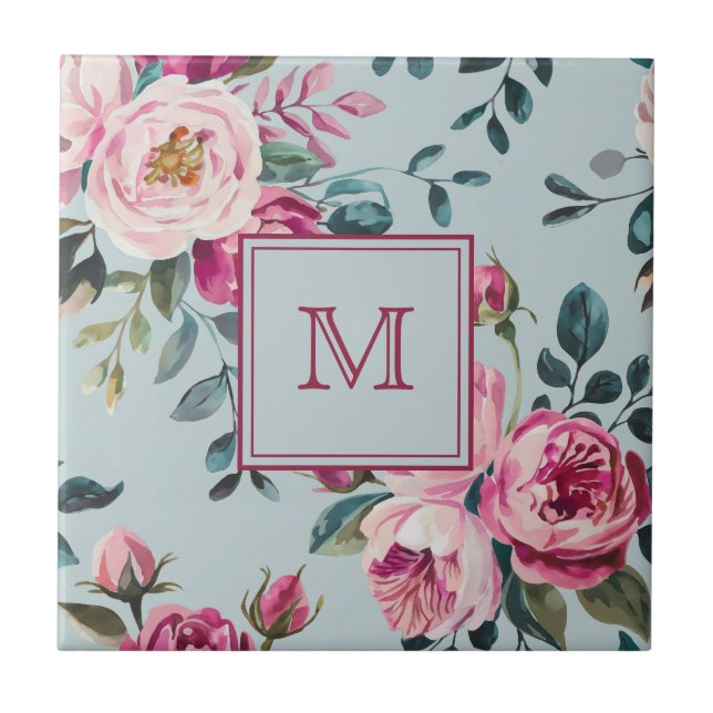 Grandmillennial Dusty Rose Floral Custon Monogram Ceramic Tile (Front)