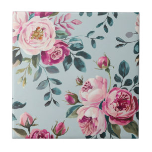 Grandmillennial Dusty Rose Floral Custon Monogram Ceramic Tile