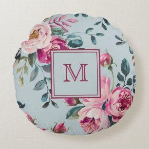 Grandmillennial Dusty Rose Floral Custon Monogram Round Cushion