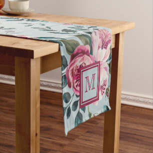 Grandmillennial Dusty Rose Floral Custon Monogram Short Table Runner