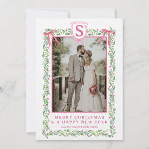 Grandmillennial Evergreen Swag with Bows   Photo Invitation